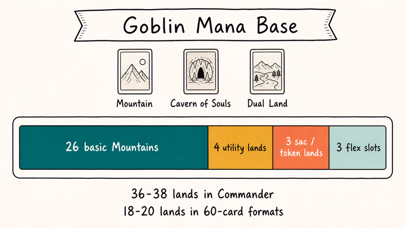 Hand-drawn infographic showing goblin deck mana base segments with Mountains, utility lands, and flex slots