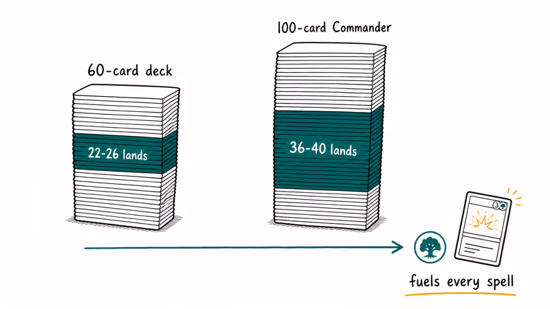 Hand-drawn infographic comparing land counts in 60-card and 100-card Magic the Gathering decks.