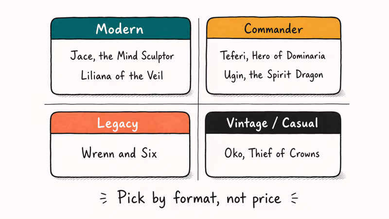 Two-by-two format grid recommending a top planeswalker pick for Modern, Commander, Legacy, and Vintage.