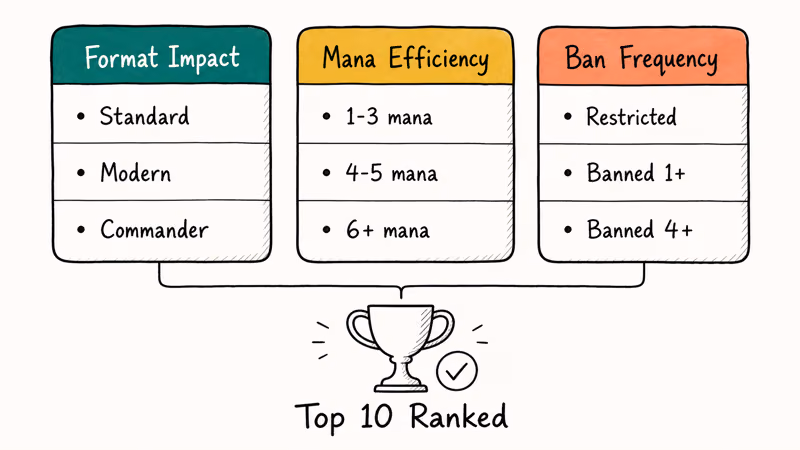 Three-column framework showing format impact, mana efficiency, and ban frequency as planeswalker ranking criteria.