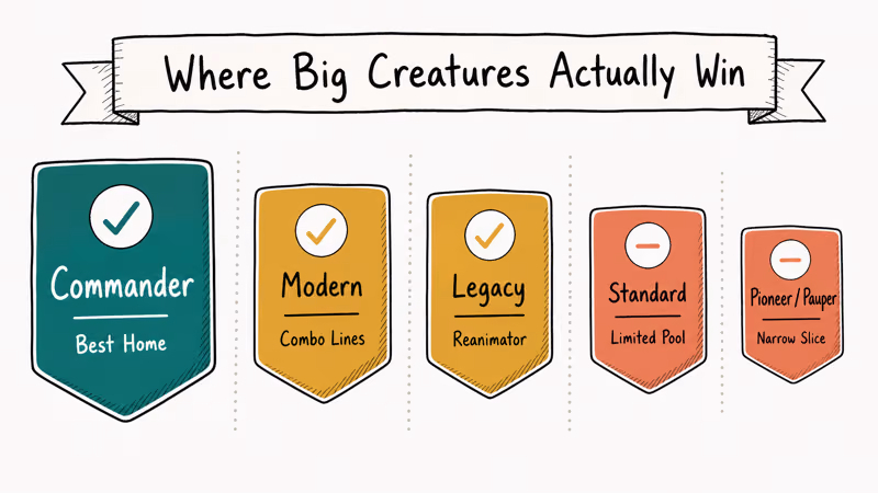 Five MTG format badges ranked by friendliness to big creatures from Commander down to Pauper.