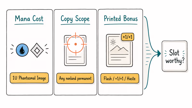 Three-filter infographic showing mana cost, copy scope, and printed bonus for evaluating MTG clone cards.