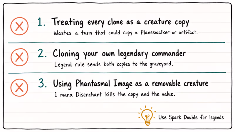 Three-row checklist illustration of common mistakes when playing MTG clone cards with brief consequence captions.