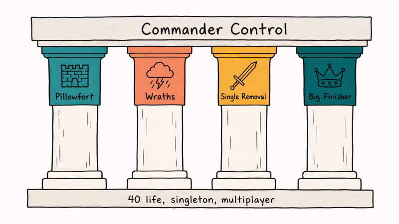 Four pillar framework labeled pillowfort wraths removal and finisher for Commander MTG control deck