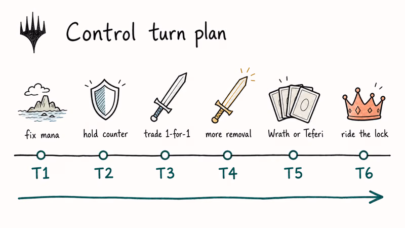 Six-turn timeline showing MTG control plan from mana fix to counter sweeper finisher