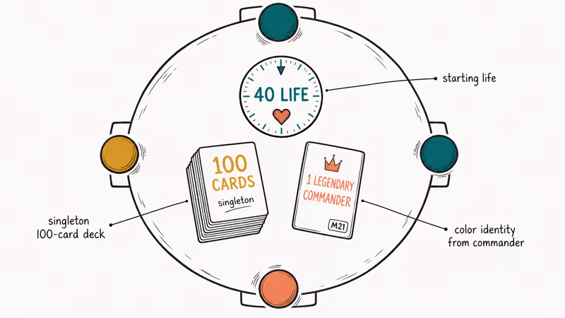 Hand-drawn diagram explaining Commander format with forty life total and singleton hundred card deck rule