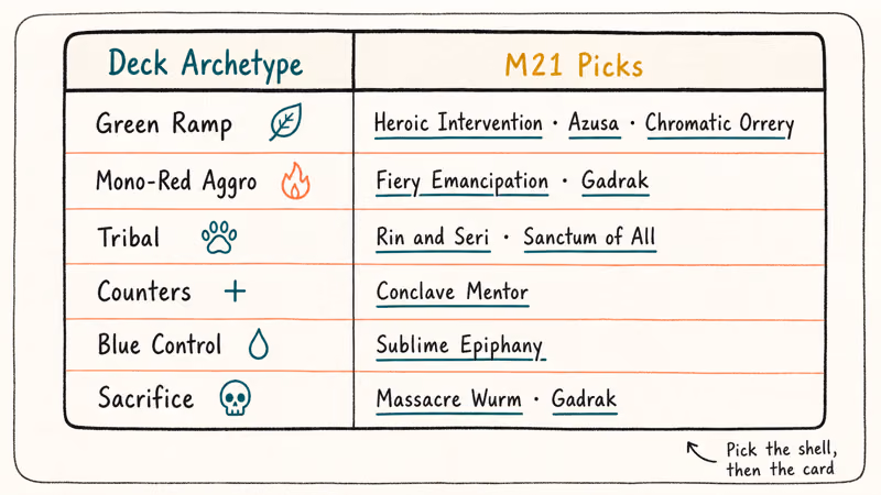 Two-column matrix mapping six Commander deck archetypes to their matching M21 card picks
