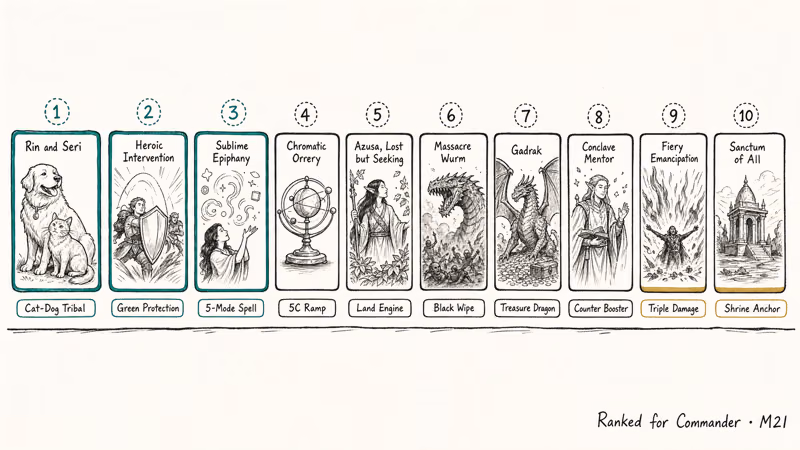 Ranked silhouette ladder of ten Commander picks from MTG Core Set 2021 with nickname tags