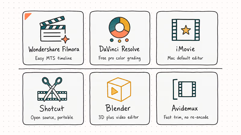 Lineup of six MTS editor app cards for popular editing tools
