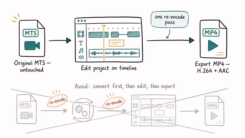 Flow diagram showing MTS timeline export to MP4 with video and audio settings