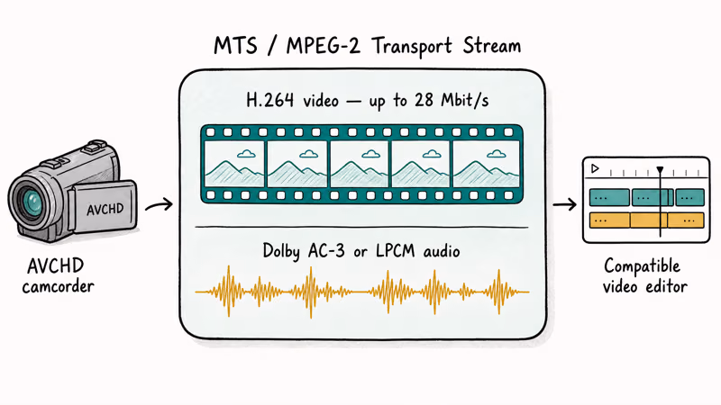 Diagram showing MTS video and audio tracks inside transport stream wrapper