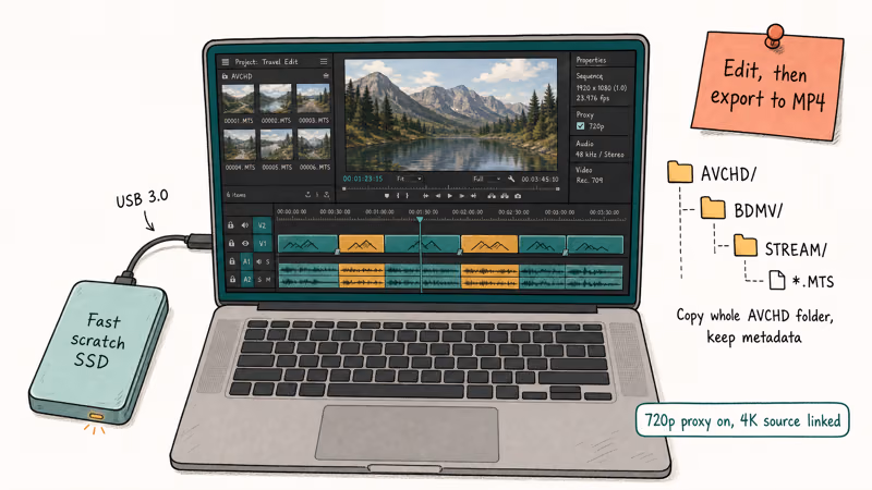 Workspace showing laptop timeline external SSD and AVCHD folder for proxy editing
