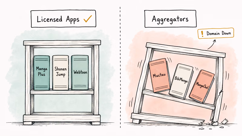Split bookshelf illustration comparing stable licensed manga apps with falling aggregator domains showing takedown notices