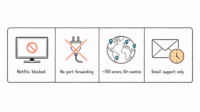 Mullvad limitations panel showing blocked Netflix, no port forwarding, small server network, email-only support