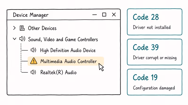 Device Manager window highlighting a flagged audio controller and error codes.