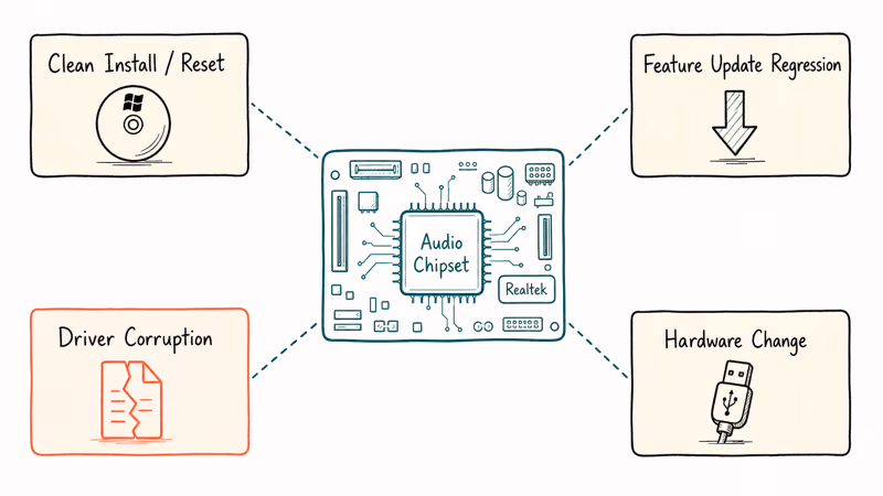 Diagram showing four causes of Windows audio controller driver errors.