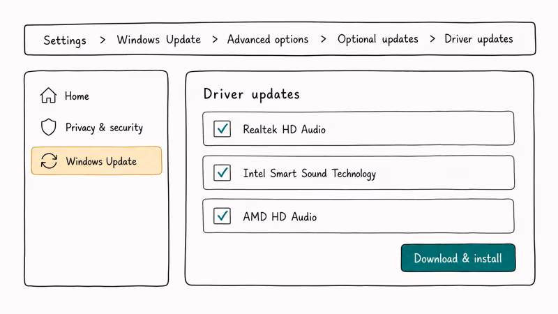 Windows Settings panel showing optional audio driver updates for selection.