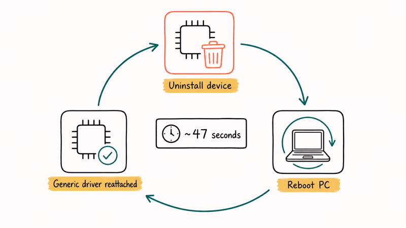 Circular diagram showing Windows reinstalling a generic audio driver after reboot.