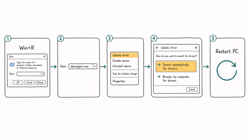 Five-step flowchart showing how to update the multimedia audio controller driver through Windows Device Manager.
