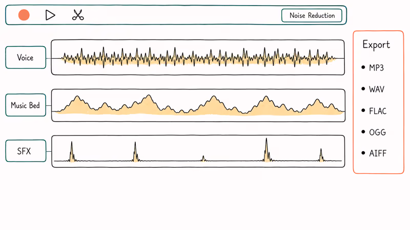 Hand-drawn Audacity editor with three waveform tracks noise reduction control and audio export format list.