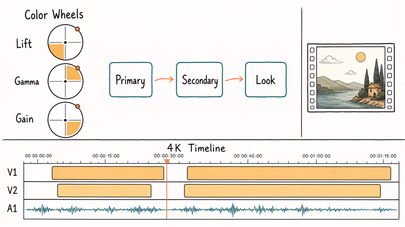 Hand-drawn DaVinci Resolve workspace showing color wheels grading nodes and a four-K editing timeline.