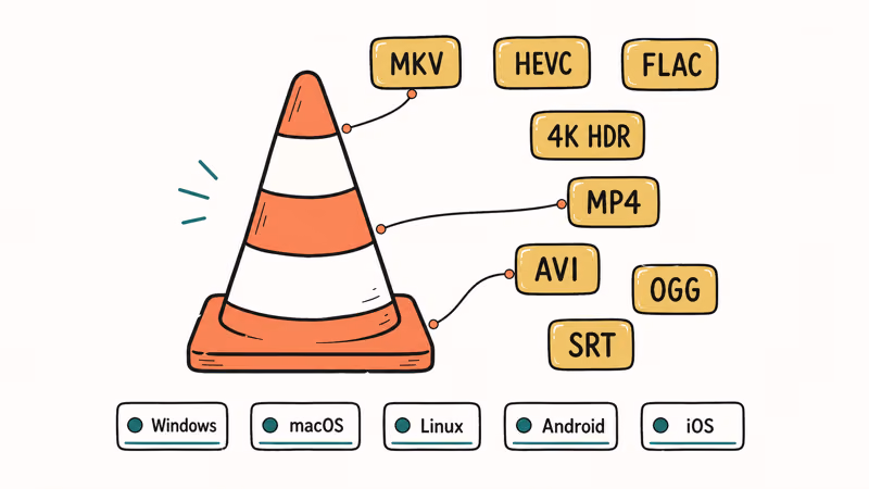 Hand-drawn VLC cone surrounded by media format labels and five platform badges showing cross-platform reach.