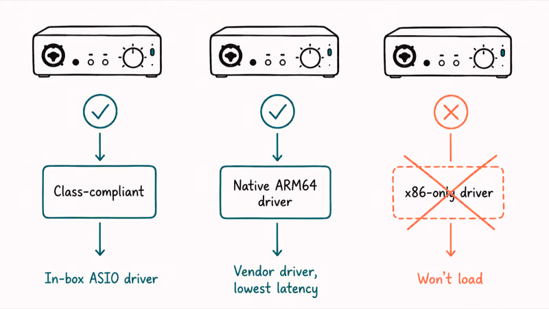 Three audio interface scenarios on Snapdragon X comparing class-compliant, native ARM64, and x86-only drivers