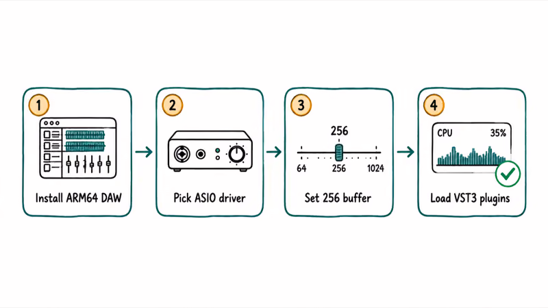 Four-step setup flow for a first music session on Snapdragon X from DAW install to loading VST3 plugins