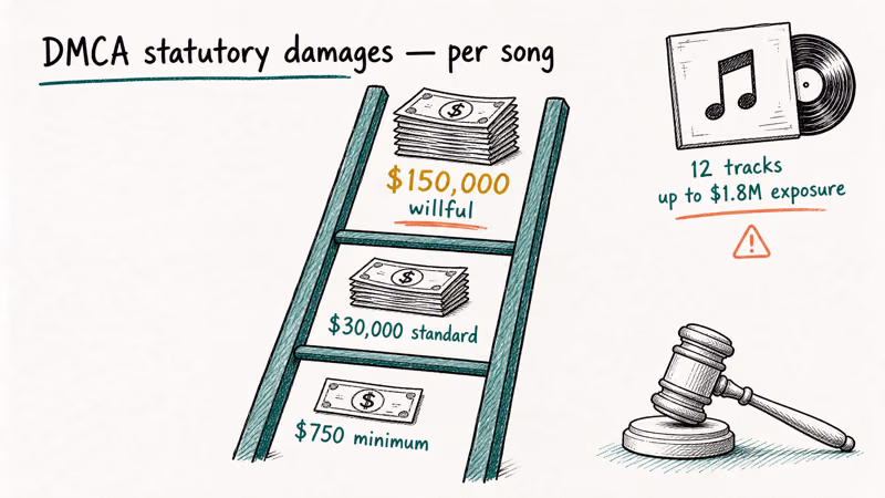 Hand-drawn ladder chart showing DMCA statutory damages from 750 to 150000 dollars per song.