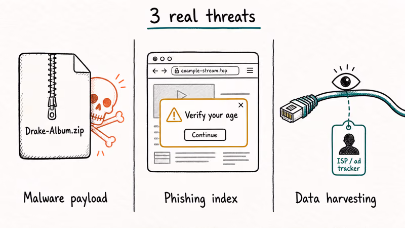Hand-drawn three-panel illustration of malware archive phishing index and ISP data harvesting torrent risks.