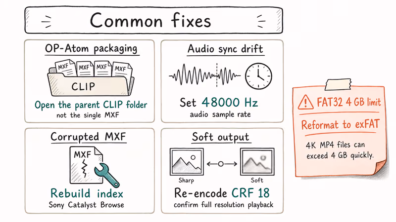 Troubleshooting board showing fixes for OP-Atom audio sync corrupted MXF and FAT32 size errors