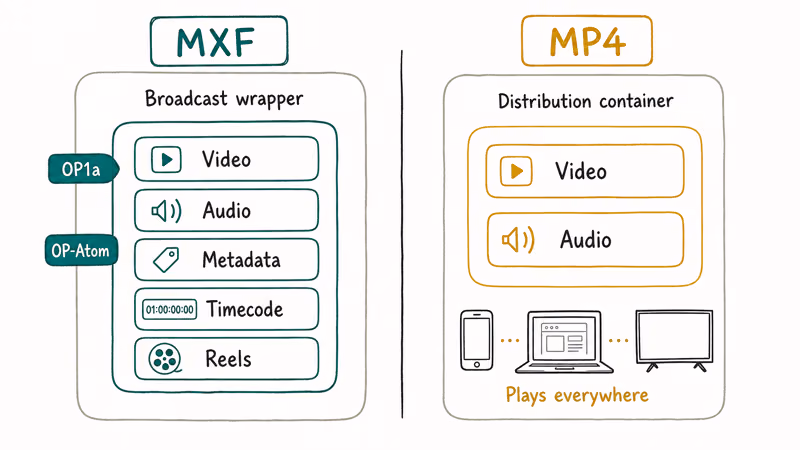 Diagram comparing MXF broadcast wrapper with MP4 distribution container