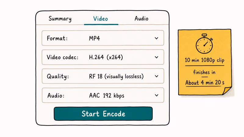 HandBrake settings panel showing MP4 codec quality and audio choices for MXF