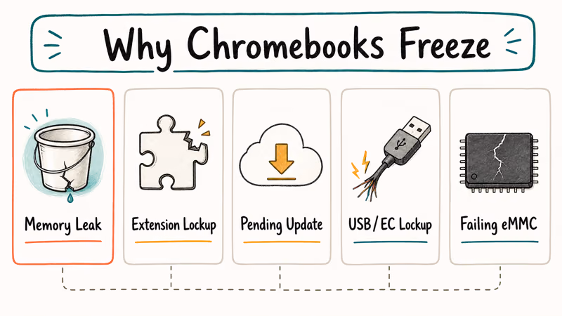 Hand-drawn comparison of five common Chromebook freeze causes including memory leaks and rogue extensions