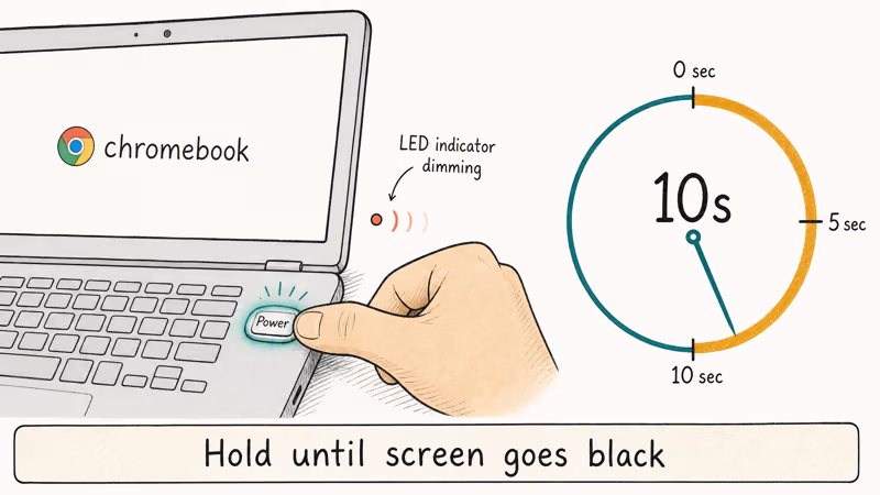 Hand-drawn Chromebook with a thumb pressing the power button beside a ten second countdown ring