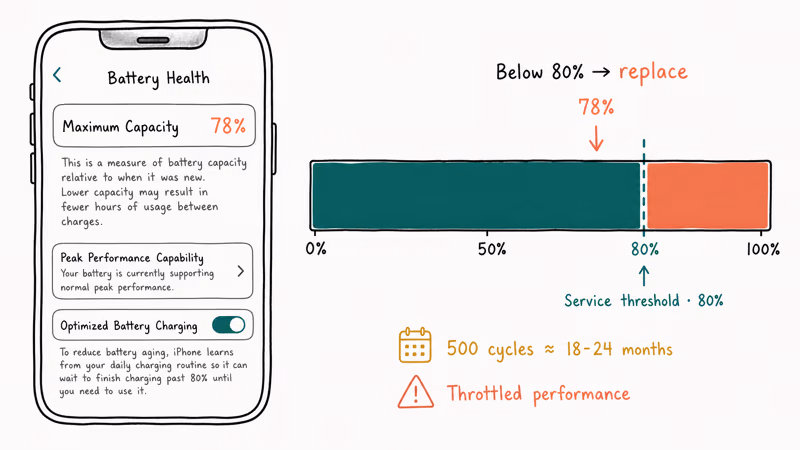 iPhone Battery Health panel showing Maximum Capacity below the eighty percent service threshold marker