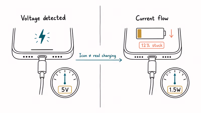 Two-panel sketch comparing iPhone voltage detection icon against actual current flow into the battery
