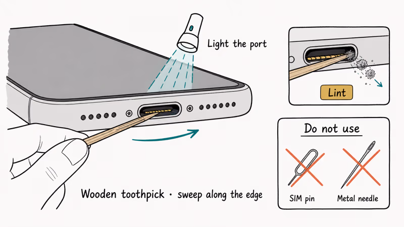 Diagram of cleaning an iPhone Lightning port with a wooden toothpick and forbidden metal tools