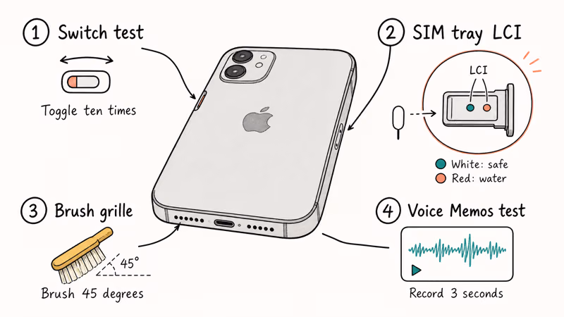 iPhone bottom view showing speaker grille brush and voice memo test