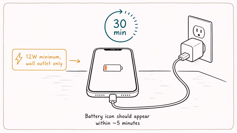 iPhone charging on wall adapter with thirty minute timer illustration