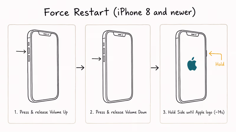 Three step iPhone force restart button sequence diagram with timing