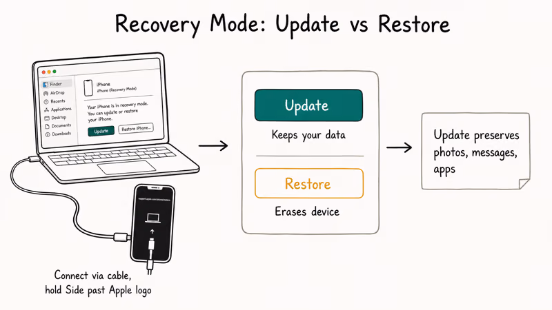Recovery mode iPhone connected to laptop with Update Restore choice