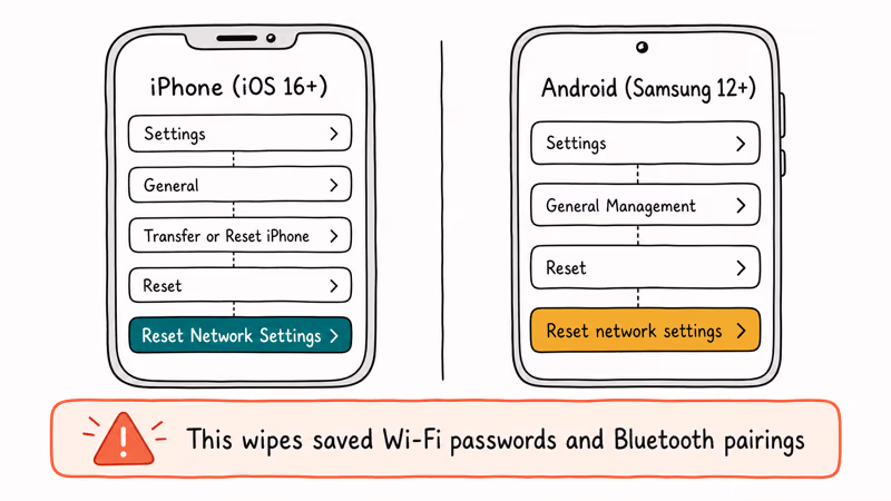 Side by side iPhone and Android settings paths for resetting network settings menu
