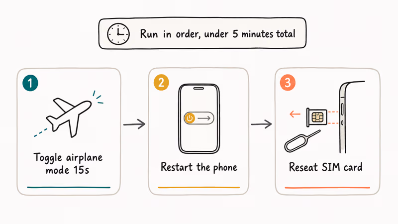 Three step flowchart showing airplane mode toggle phone restart and SIM card reseat