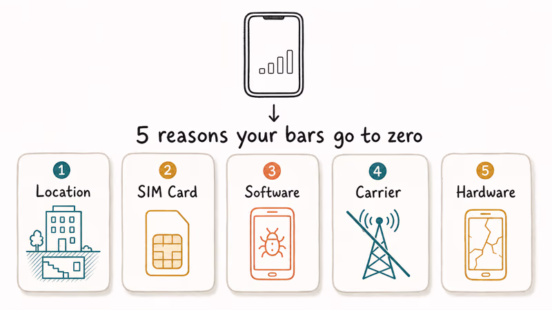 Five cards explaining phone signal loss causes location SIM software carrier and hardware