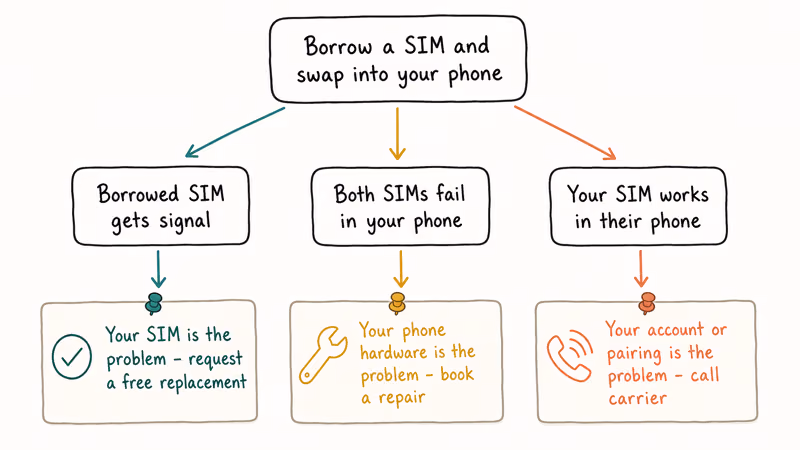 Decision diagram showing three SIM swap test outcomes for SIM phone or account problem