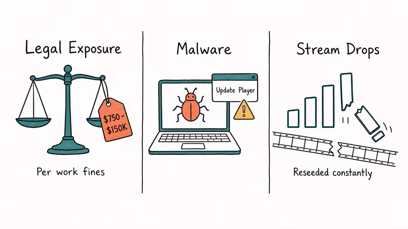 Diagram showing legal malware and stream-drop risks of P2P sports sites