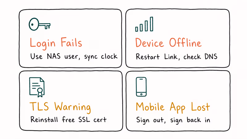 Two-by-two card grid showing four common myQNAPcloud problems and their matching quick fixes.