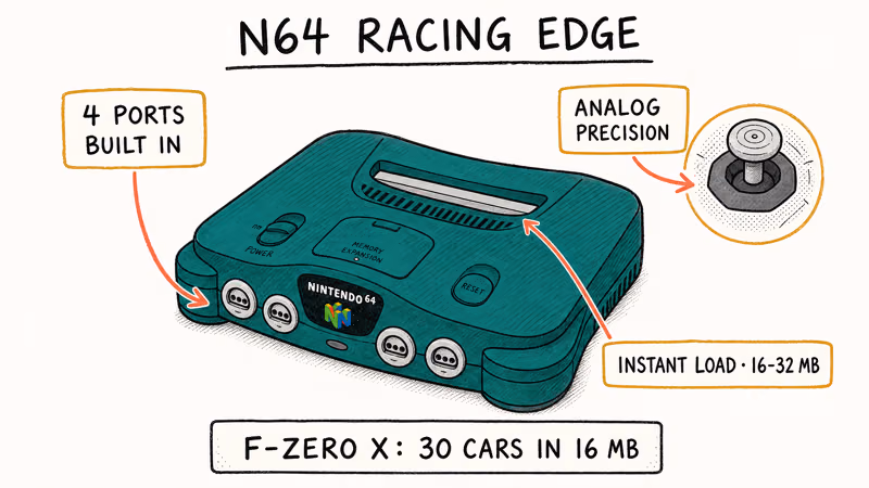 Hand-drawn Nintendo console callouts for controller ports, analog stick, and cartridge slot