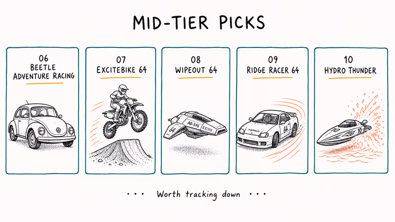 Hand-drawn cards showing mid-tier N64 racers with vehicle sketches
